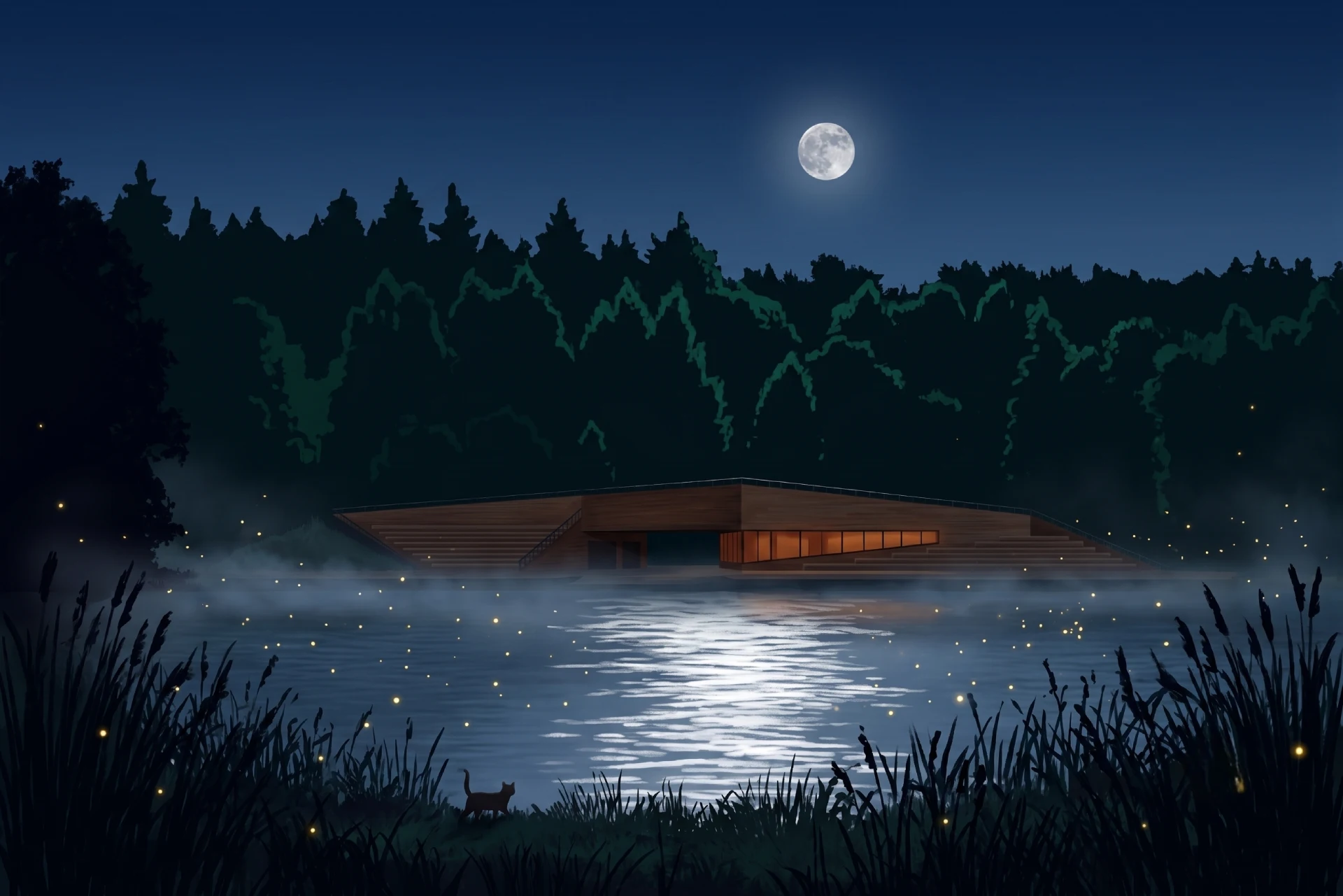 Przystań MOSM nad jeziorem nocą